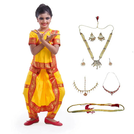 Bharatnatyam Costume for Girls with Light Bharatnatyam Jewellery Fancydresswale