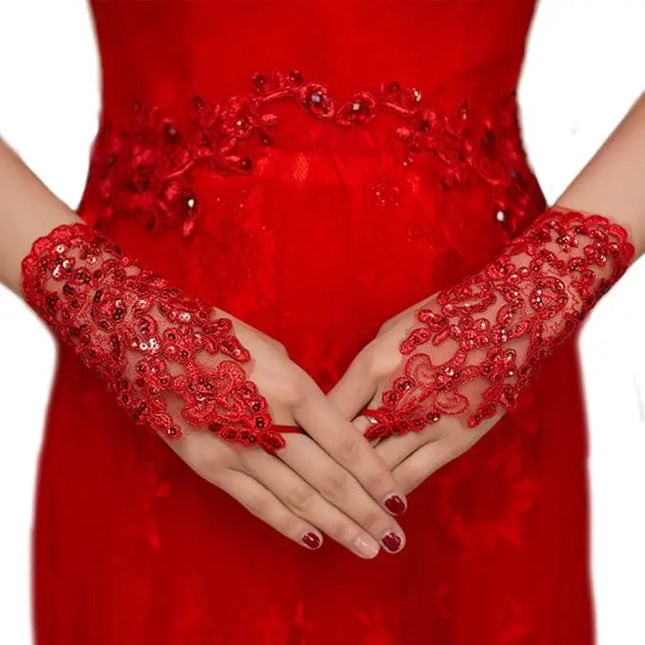 FancyDressWale Wedding Bride Lace Gloves Fingerless Bridal Gloves Red Rhinestone Glove Short Party Prom Glove Accessories for Women and Brides Fancydresswale.com