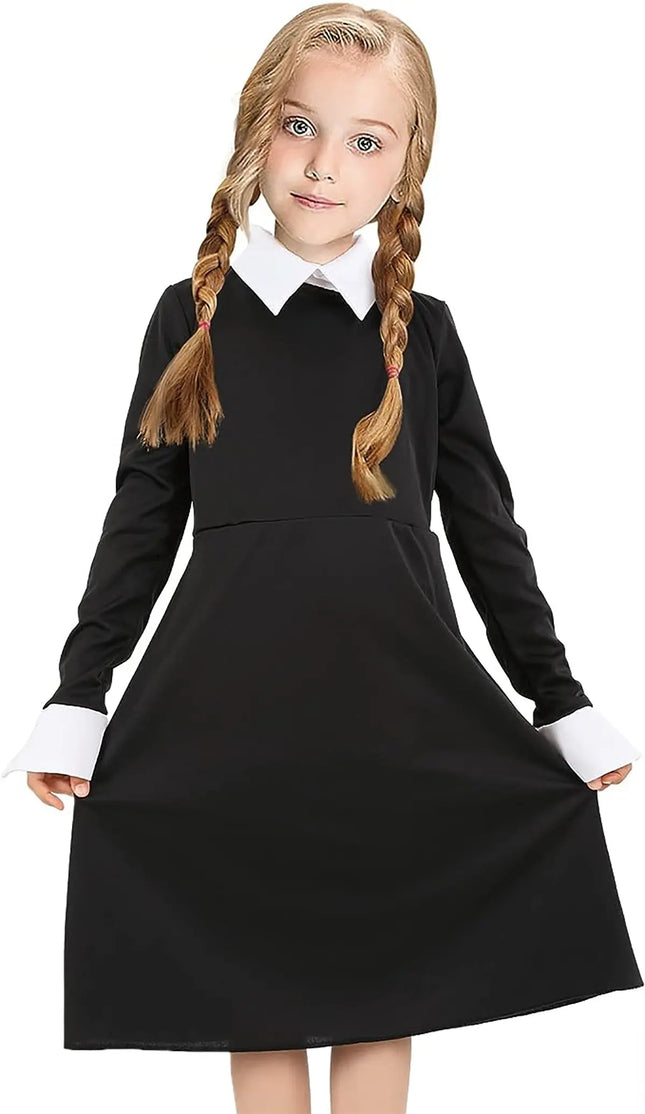FancyDressWale Wednesday Addams Costume Girls Peter Pan Collar Dress Halloween Addams Family Costume Black dress Outfit fancydresswale.com
