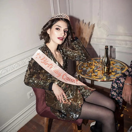 Fancydresswale Birthday Headbands Satin Sash and Tiara Birthday Crown for Girls Women Party Supplies- Rose Crown and Sash- Birthday Queen party fancydresswale.com