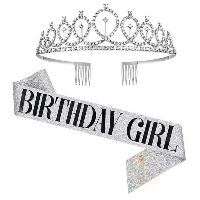 Fancydresswale Birthday Headbands Satin Sash and Tiara Birthday Crown for Girls Women Party Supplies- Silver Crown and Sash- Birthday Girl fancydresswale.com
