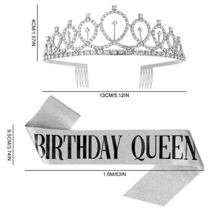Fancydresswale Birthday Headbands Satin Sash and Tiara Birthday Crown for Girls Women Party Supplies- Silver Crown and Sash- Birthday Queen fancydresswale.com
