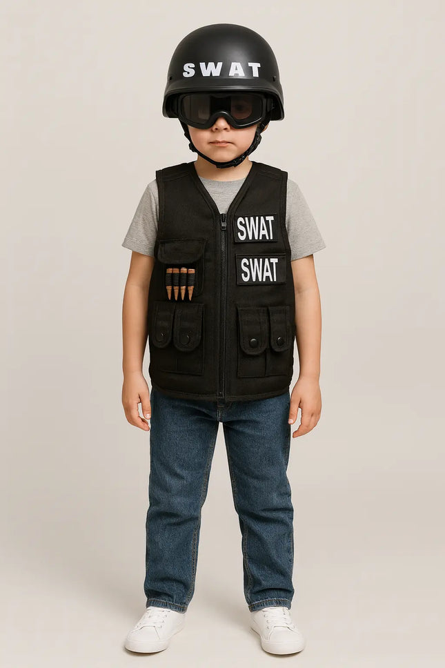 Fancydresswale Black Commando dress Vest & Helmet Set for Kids – Realistic Police Costume for Roleplay (5–12 Years, One Size) fancydresswale.com