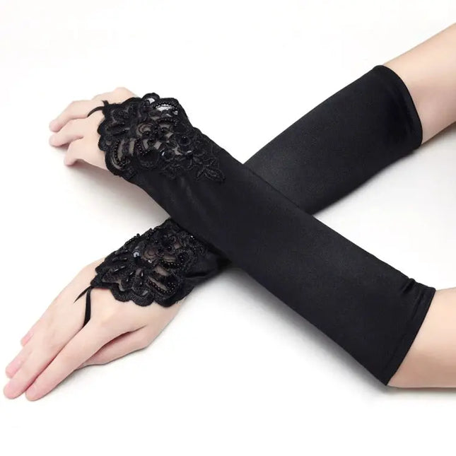 Fancydresswale Elegant Pearl Fingerless Flapper Gloves – Long Sheer Tulle Opera Style, Elbow-Length Bridal & Party Wear for Women Fancydresswale.com