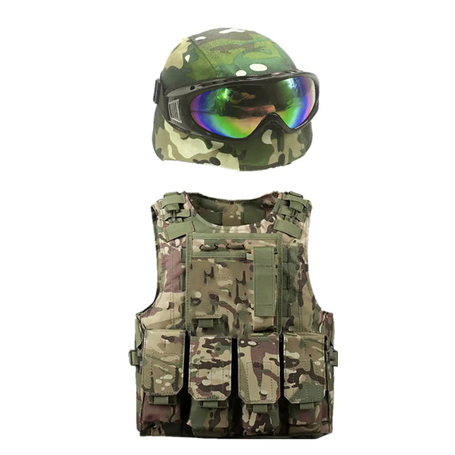 Fancydresswale Kids Army Camouflage Combat Vest and Helmet Set with Goggles – Military Fancy Dress Costume fancydresswale.com