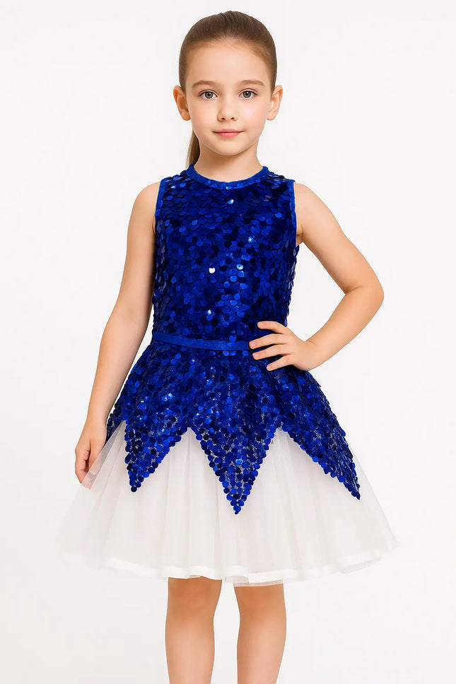 Girls Blue Sequin Dance Dress – Sparkly School Function & Stage Performance Costume Fancydresswale.com