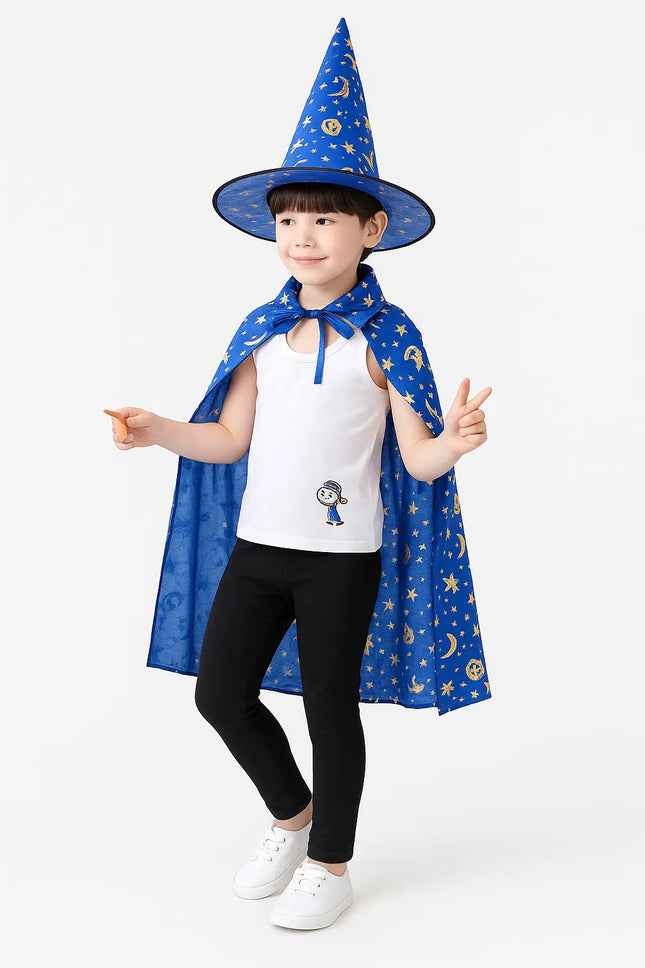 Halloween Cloak Cape Unisex Children Role Play Dress up Costume (Cape & Hat only)-Blue Fancydresswale