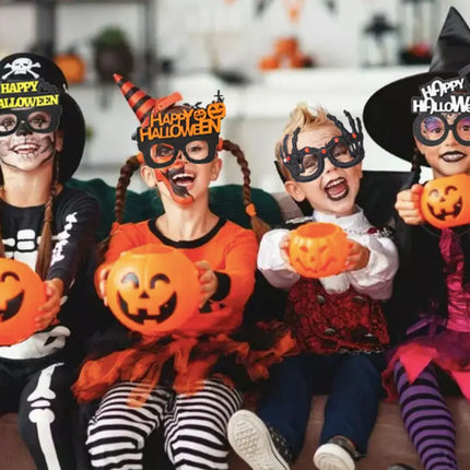 Happy Halloween Novelty Glasses with Pumpkin and Bat Designs, Black and Orange, One size fits everyone Fancydresswale