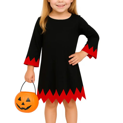 Kids Halloween Witch Costume Dress with Pumpkin Basket – Black & Red Fancy Dress for Girls (Ages 3–8 Years) fancydresswale.com