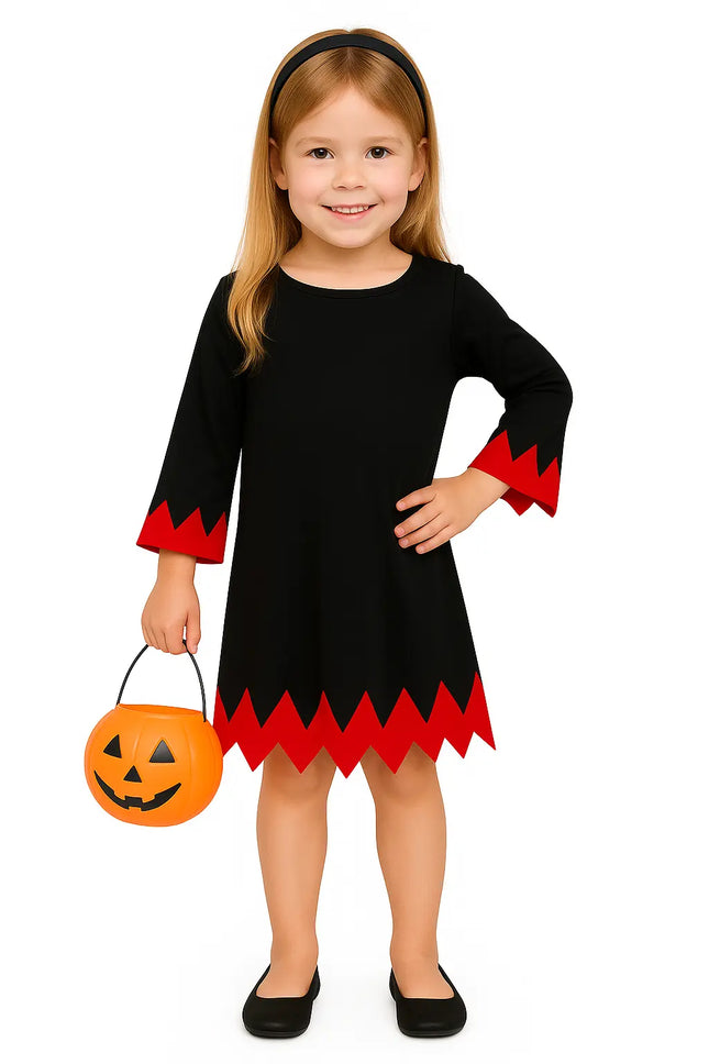 Kids Halloween Witch Costume Dress with Pumpkin Basket – Black & Red Fancy Dress for Girls (Ages 3–8 Years) fancydresswale.com