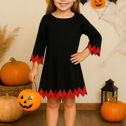 Kids Halloween Witch Costume Dress with Pumpkin Basket – Black & Red Fancy Dress for Girls (Ages 3–8 Years) fancydresswale.com