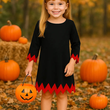 Kids Halloween Witch Costume Dress with Pumpkin Basket – Black & Red Fancy Dress for Girls (Ages 3–8 Years) fancydresswale.com