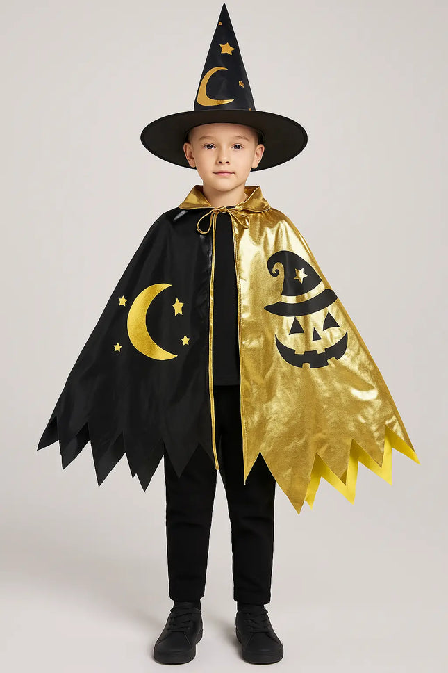 Kids Wizard Costume with Hat & Cloak – Black & Gold Halloween Outfit (3–12 Years) fancydresswale.com