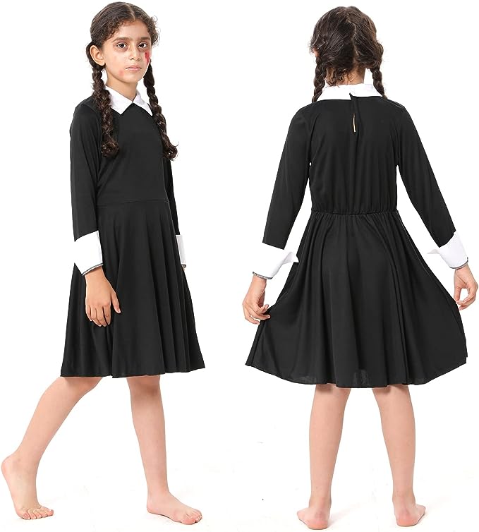 Wednesday Addams Costume for Adult Women Kids Girls Long Sleeve Peter Pan  Collar Black Dress Halloween Night Costume