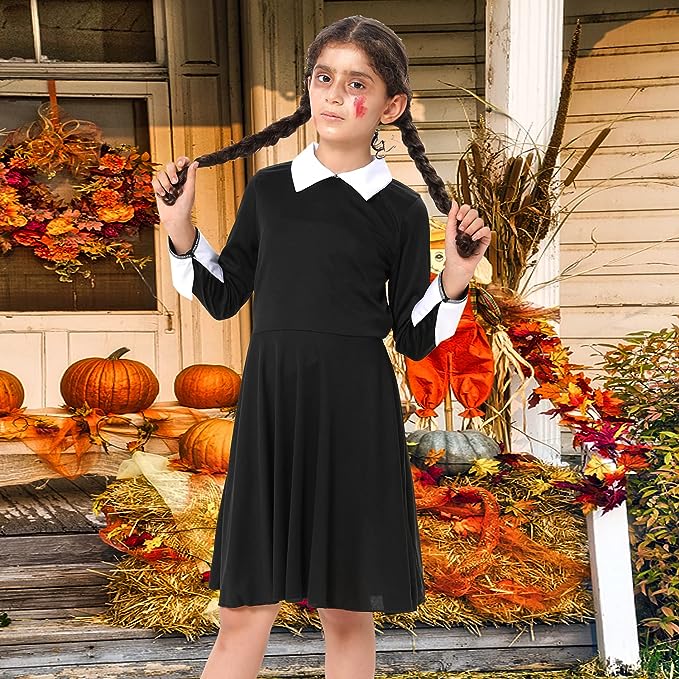 FancyDressWale Wednesday Addams Costume Girls Peter Pan Collar Dress H –