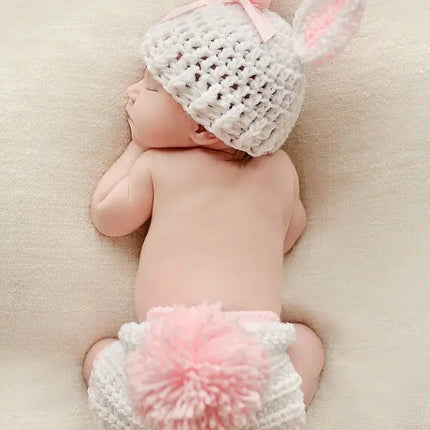2 Pieces Bunny Photography Prop Set Rabbit Ears Props Outfit Hat Knitted Cute Easter Photo Costume Crochet Knitted rabbit costume accessories fancydresswale.com