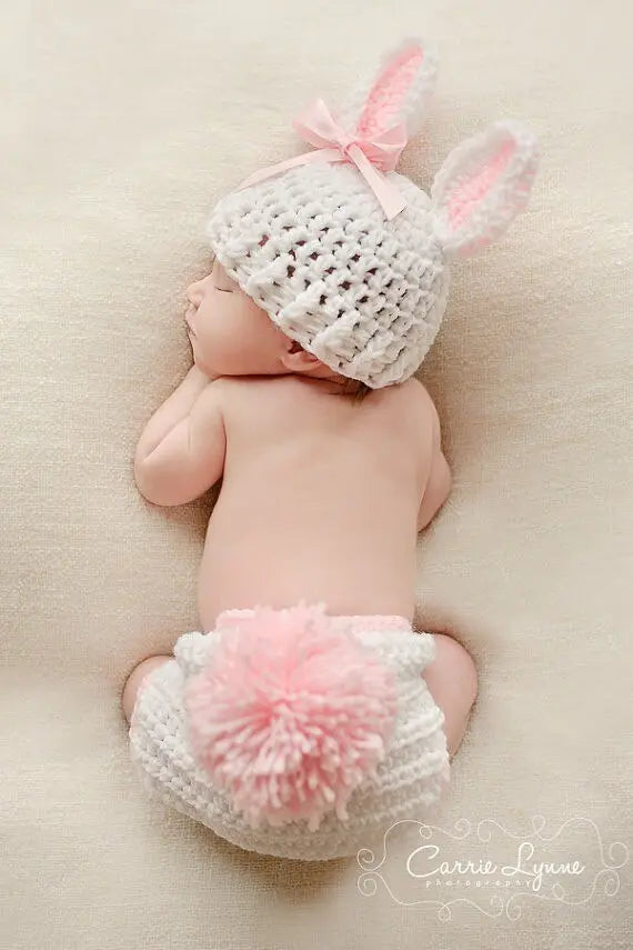 2 Pieces Bunny Photography Prop Set Rabbit Ears Props Outfit Hat Knitted Cute Easter Photo Costume Crochet Knitted rabbit costume accessories fancydresswale.com