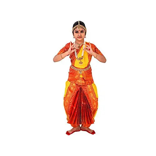 Bharatnatyam Readymade Yellow & Orange China Silk for Fancy Dress/Costume Competitions/School Events/Annual Functions Fancydresswale.com