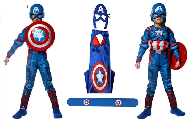 Fancydresswale Captain America Muscle dress with Shield, Cape and Bracelet Fancydresswale