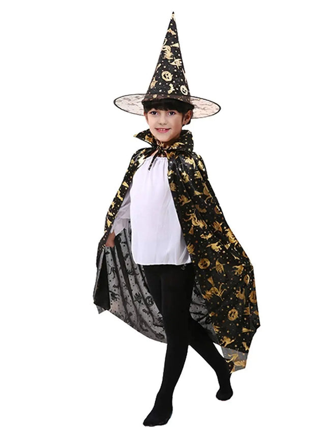 Halloween Cloak Cape Unisex Children Role Play Dress up Costume (Cape & Hat only)-Black Fancydresswale