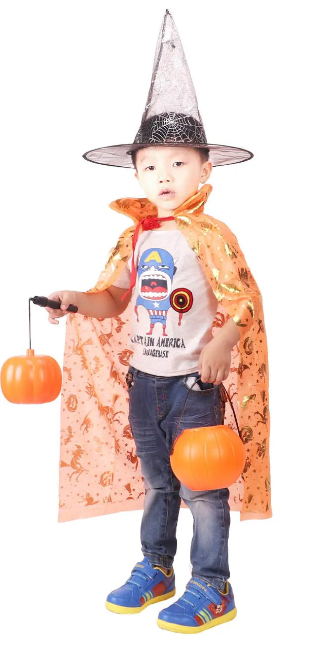 Halloween Cloak Cape Unisex Children Role Play Dress up Costume (Cape & Hat only)-Orange Fancydresswale
