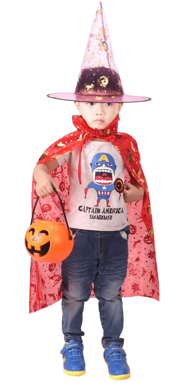 Halloween Cloak Cape Unisex Children Role Play Dress up Costume (Cape & Hat only)-Red Fancydresswale