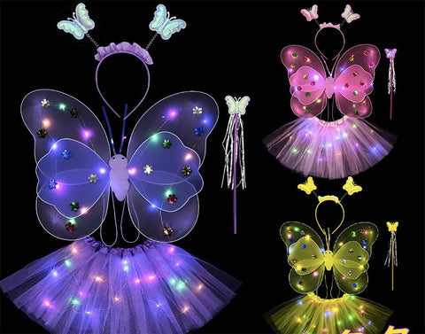 Butterfly wings, Skirt, hairband and magic wand with LED lights for Girl's Birthday One size fits (3-7 Years)-Dark Pink
