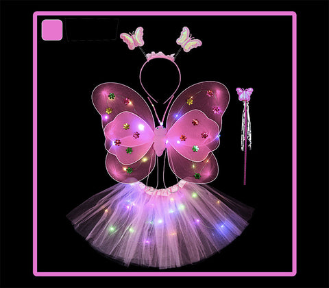 Butterfly wings, Skirt, hairband and magic wand with LED lights for Girl's Birthday One size fits (3-7 Years)-Dark Pink
