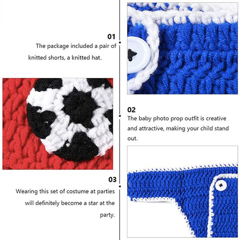 Fancydresswale Infant Football Photography Props Crochet Costume Outfits Red Hat+Blue Soccer Outfit for 0-3 Months Newborn Baby Boy Girl
