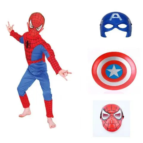 Spiderman dress and Plastic mask with Avengers Captain America Shield and Mask- Ultimate boys Costume and accessory combo Fancydresswale