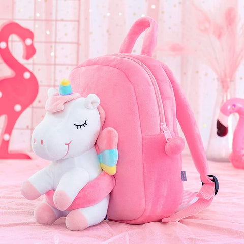 FancyDressWale Unicorn Backpack for Girls Kids Backpack Plush Unicorn Toy Gifts for Kids Baby Napkins Snack Books Bag Pink 9 Inches