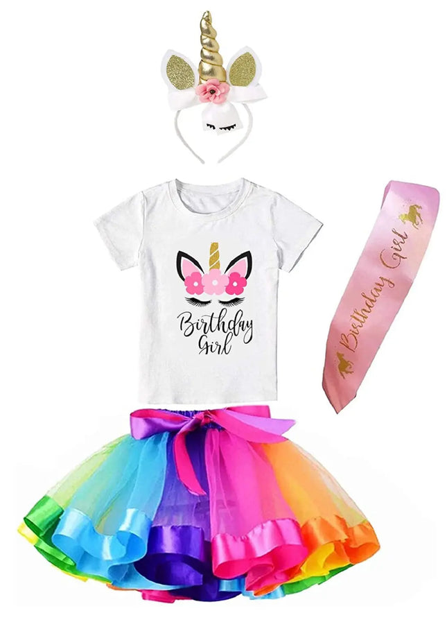 Unicorn Brthday Princess Costume Set- Tutu Multicolor Skirt, Assorted Headband, T-Shirt and Sash Fancydresswale