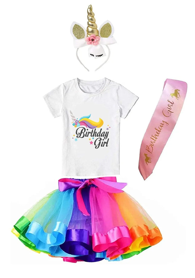 Unicorn Brthday Princess Costume Set- Tutu Multicolor Skirt, Assorted Headband, T-Shirt and Sash Fancydresswale