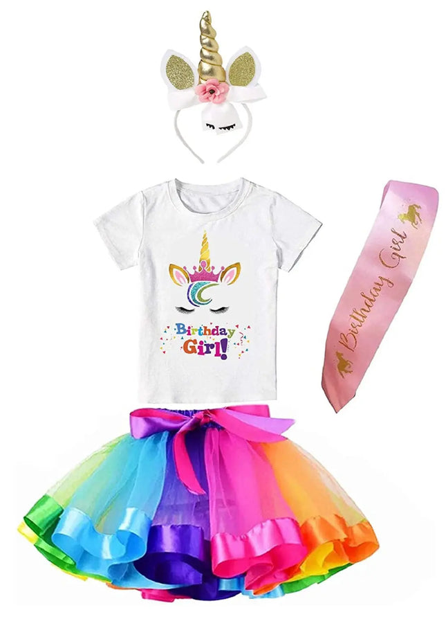 Unicorn Brthday Princess Costume Set- Tutu Multicolor Skirt, Assorted Headband, T-Shirt and Sash Fancydresswale