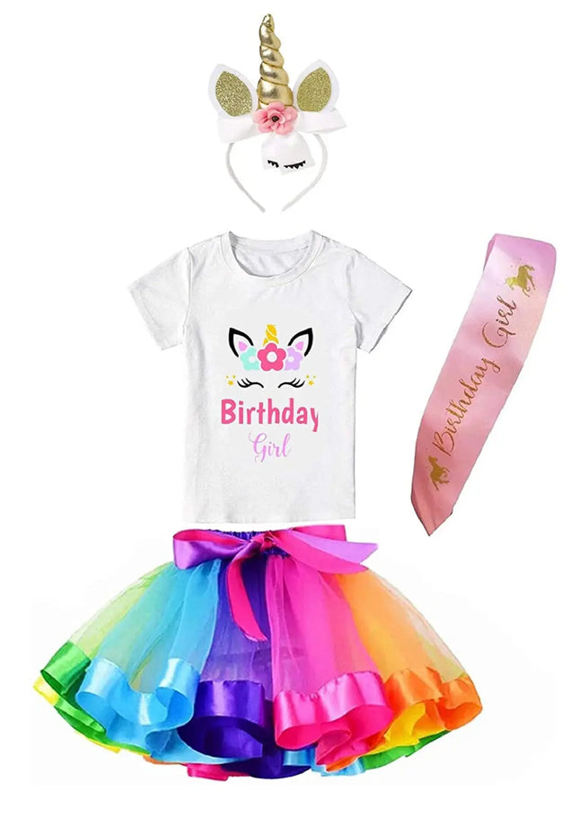 Unicorn Brthday Princess Costume Set- Tutu Multicolor Skirt, Assorted Headband, T-Shirt and Sash Fancydresswale