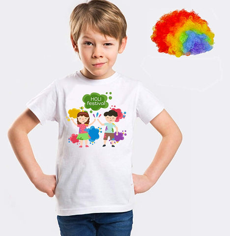 Holi Shirts for Boys with Multicolor Holi Wig