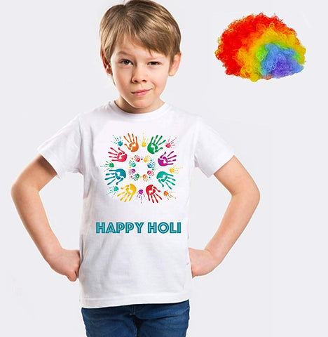 Holi Shirts for Boys with Multicolor Holi Wig