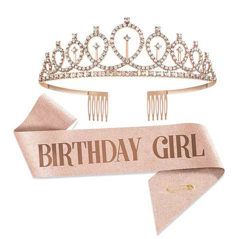 Fancydresswale Birthday Headbands Satin Sash and Tiara Birthday Crown for Girls Women Party Supplies- Rose Gold Crown and Sash- Birthday Girl