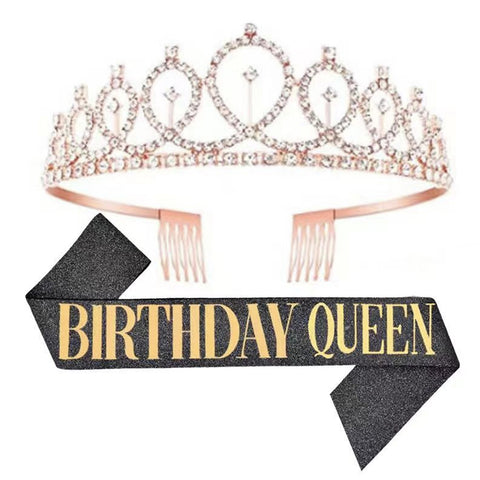 Fancydresswale Birthday Headbands Satin Sash and Tiara Birthday Crown for Girls Women Party Supplies- Rose Gold Crown Black Sash- Birthday Queen