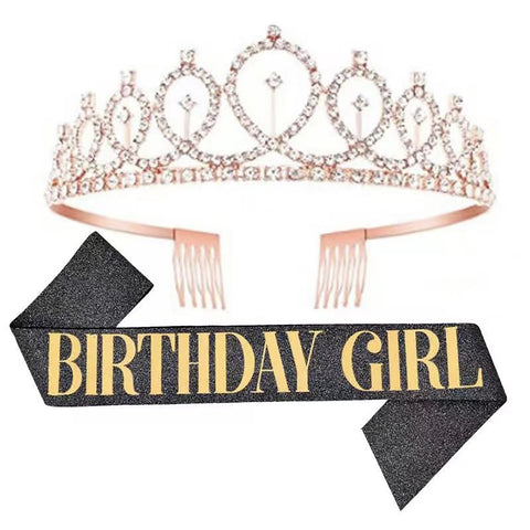 Fancydresswale Birthday Headbands Satin Sash and Tiara Birthday Crown for Girls Women Party Supplies- Rose Gold Crown Black Sash- Birthday Girl