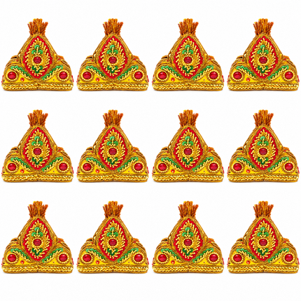 12 piece gold mukut crown set arranged in rows