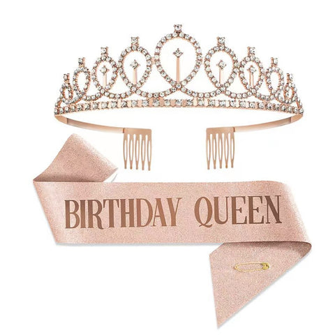 Fancydresswale Birthday Headbands Satin Sash and Tiara Birthday Crown for Girls Women Party Supplies- Rose Gold Crown and Sash- Birthday Queen