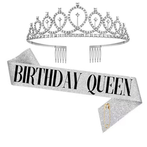 Fancydresswale Birthday Headbands Satin Sash and Tiara Birthday Crown for Girls Women Party Supplies- Silver Crown and Sash- Birthday Queen