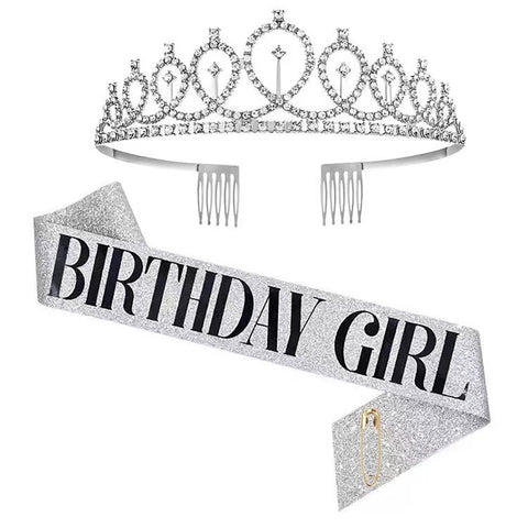 Fancydresswale Birthday Headbands Satin Sash and Tiara Birthday Crown for Girls Women Party Supplies- Silver Crown and Sash- Birthday Girl