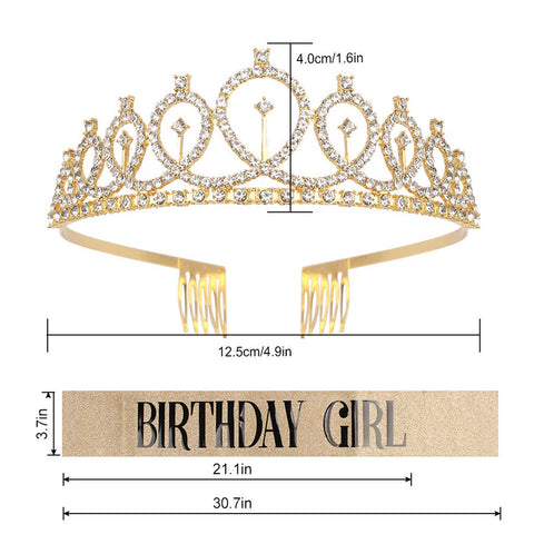 Fancydresswale Birthday Headbands Satin Sash and Tiara Birthday Crown for Girls Women Party Supplies- Gold Crown and Sash- Birthday Girl