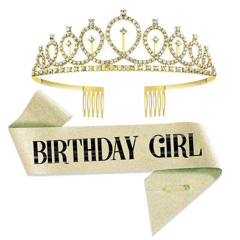 Fancydresswale Birthday Headbands Satin Sash and Tiara Birthday Crown for Girls Women Party Supplies- Gold Crown and Sash- Birthday Girl