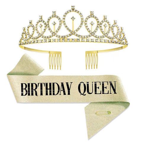 Fancydresswale Birthday Headbands Satin Sash and Tiara Birthday Crown for Girls Women Party Supplies- Gold Crown and Sash- Birthday Queen