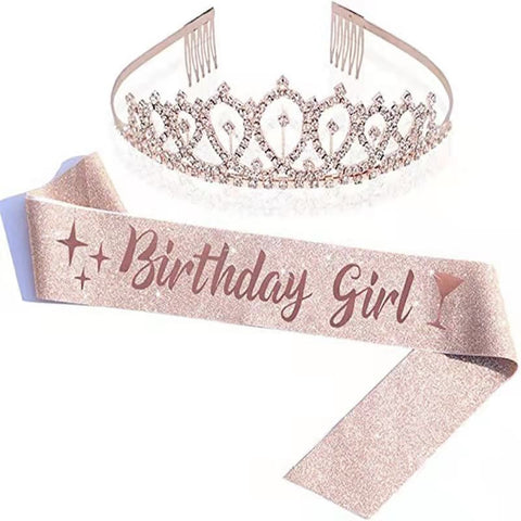 Fancydresswale Birthday Headbands Satin Sash and Tiara Birthday Crown for Girls Women Party Supplies- Rose Crown and Sash- Birthday Girl party