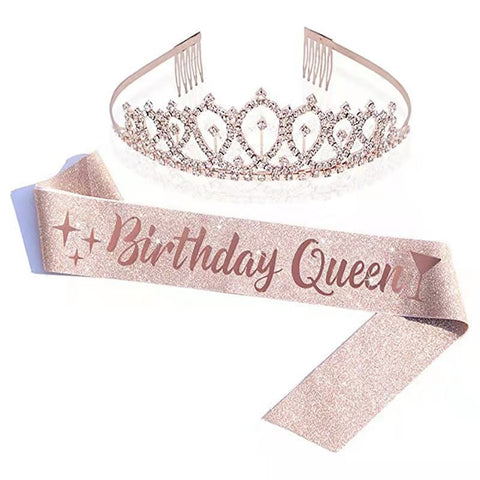 Fancydresswale Birthday Headbands Satin Sash and Tiara Birthday Crown for Girls Women Party Supplies- Rose Crown and Sash- Birthday Queen party