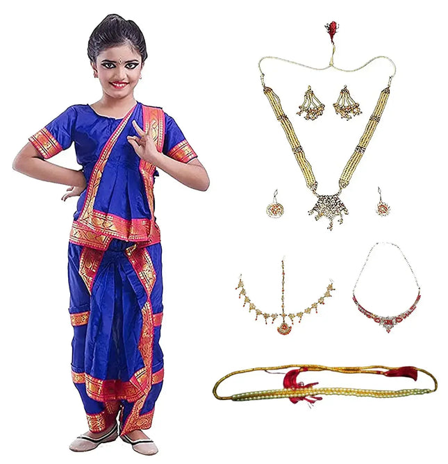 Bharatnatyam Costume for Girls with Light Bharatnatyam Jewellery Fancydresswale